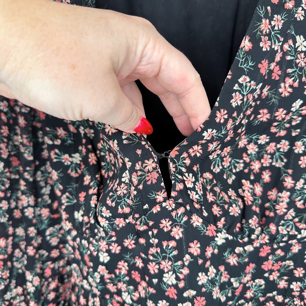Skies Are Blue Black Floral Long Puff Sleeve Low Cut Button Front Midi Dress Lg - Picture 6 of 13